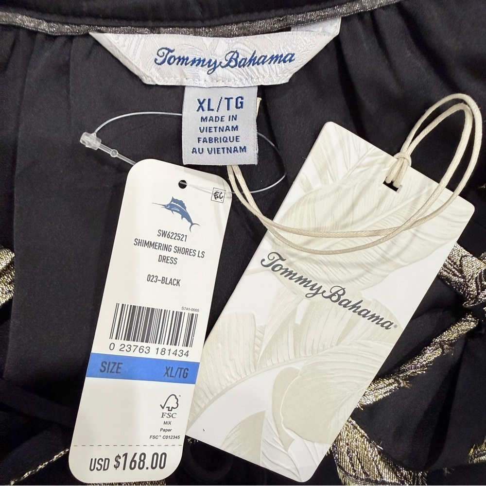 Tommy Bahama Shimmering Shores Long Sleeve Tiered Shift Dress Black Gold NWT - Picture 13 of 16